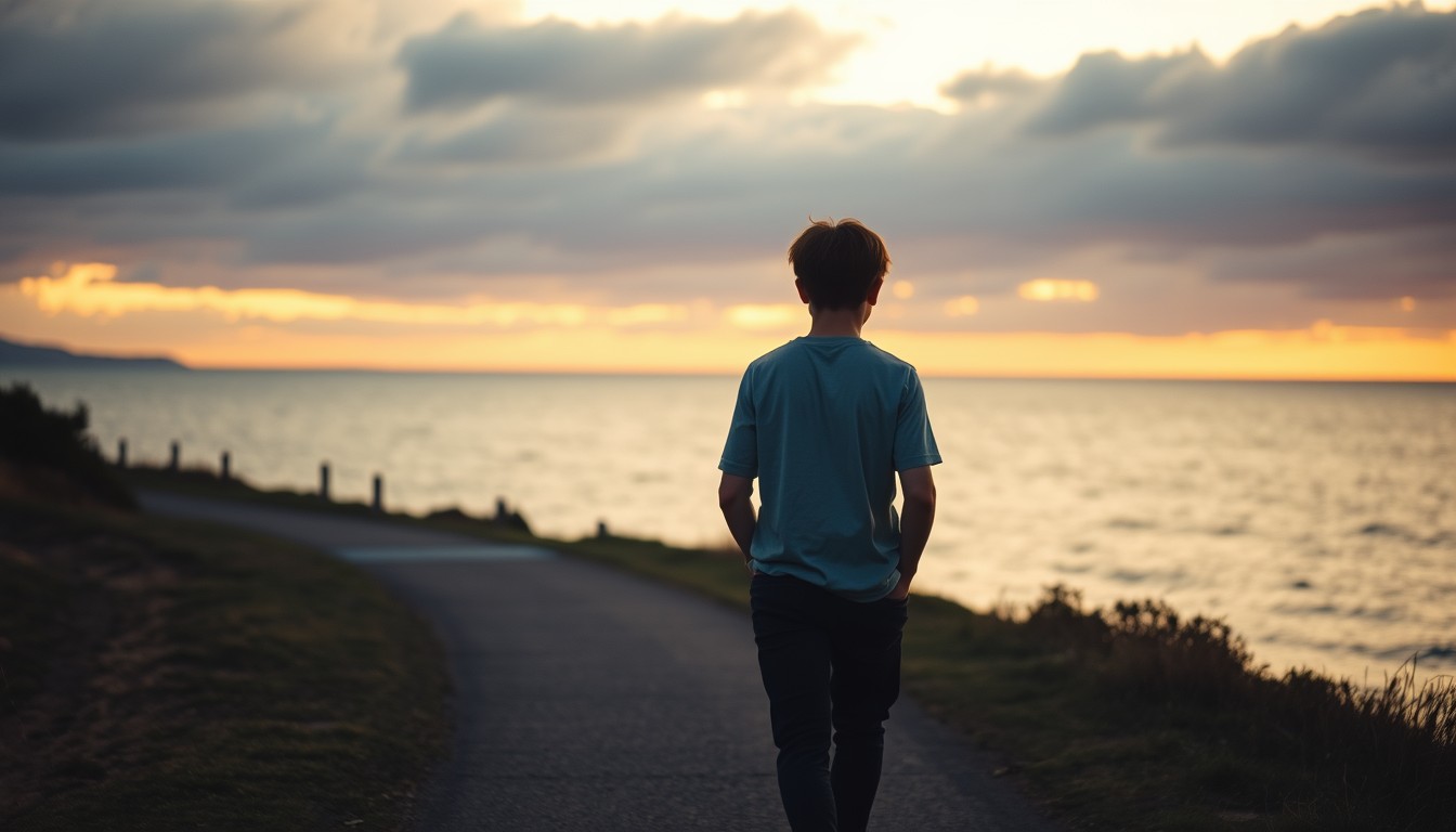 A young person walking a coastal path at dawn, no phone, looking at the sea and sky