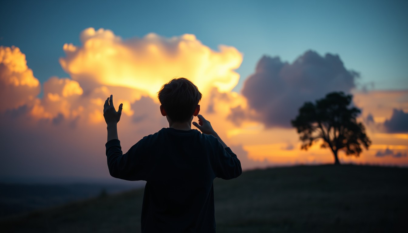 A young person on a hill at dawn, looking up at a golden sky