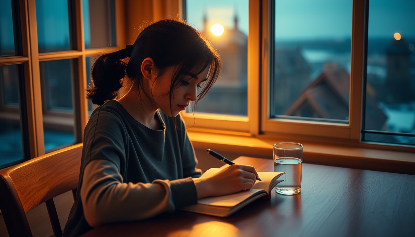 A young person writing in a notebook by a window at dawn
