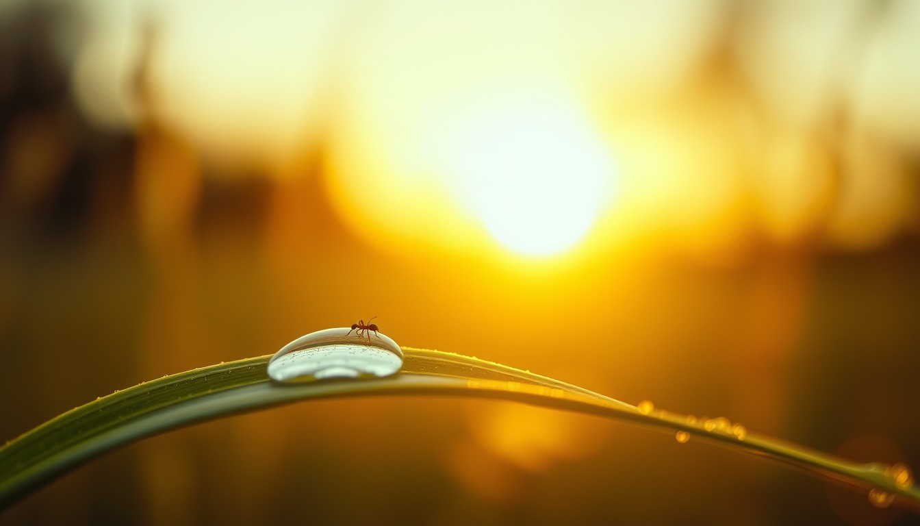A tiny ant on a dewdrop on a leaf, backlit by golden dawn light