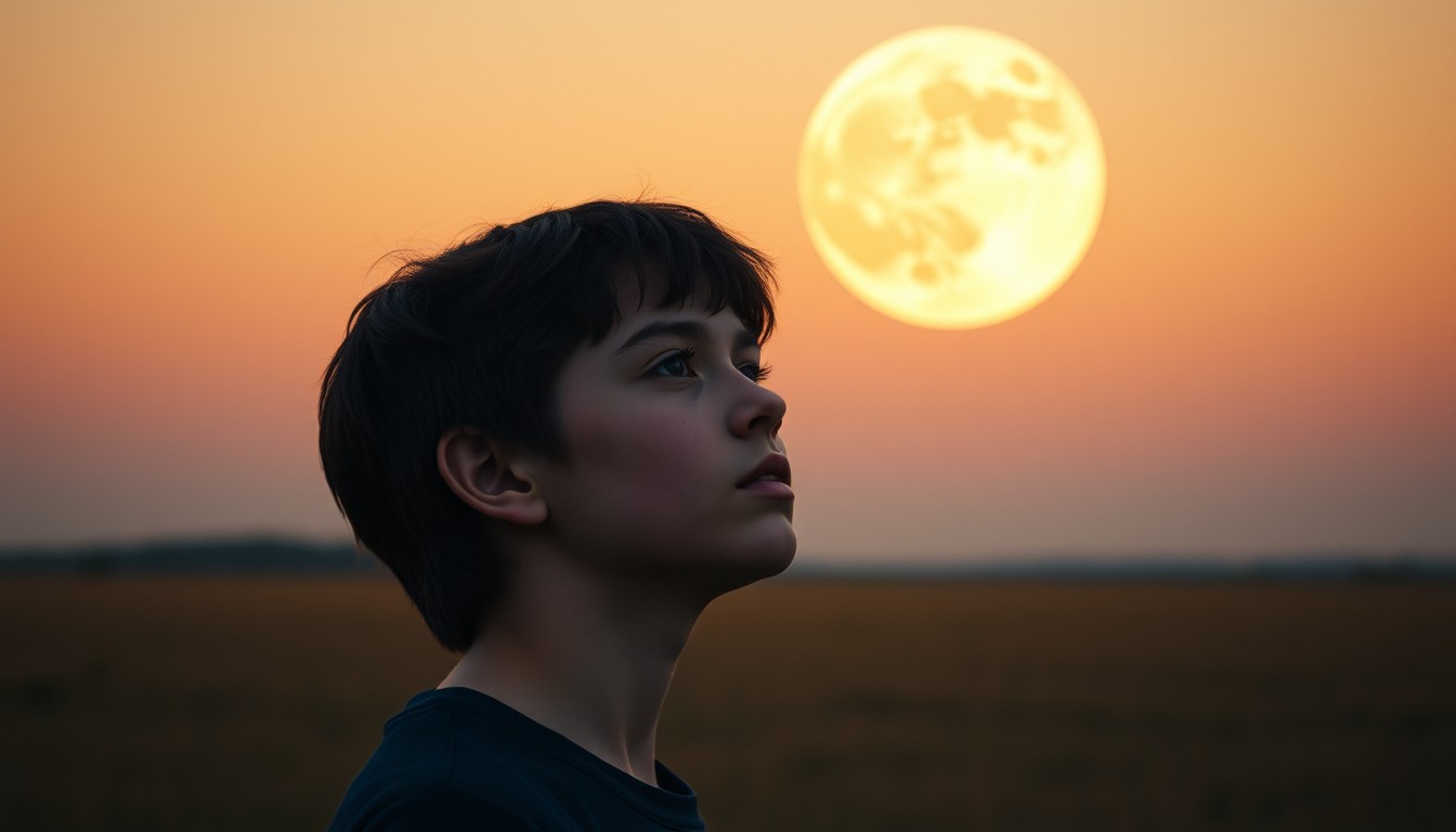 A young person in a field at dusk, looking up at a moonlit sky with wonder