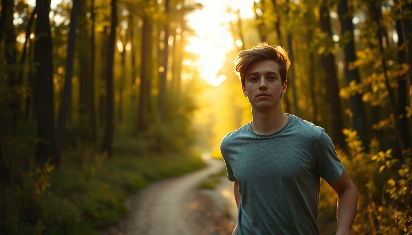 A young person standing on a sunlit forest trail at golden morning, healthy and present
