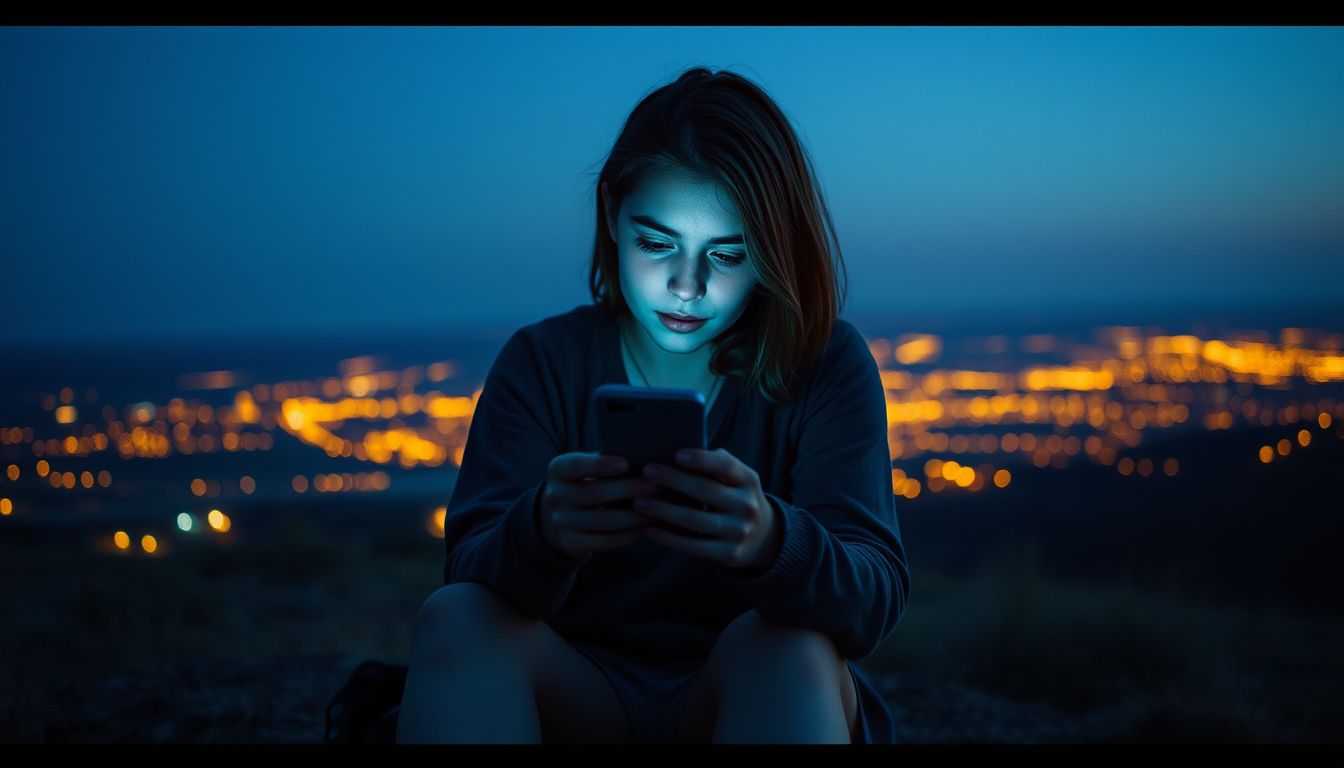 A young person at blue hour, lit by the cool glow of a phone, with the warm living world spread out beyond