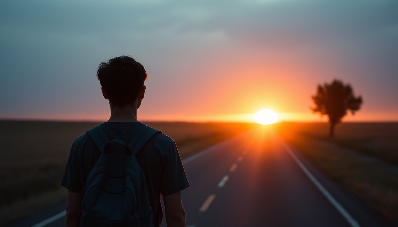 A young person with a backpack on a country road at dawn, looking toward a glowing horizon
