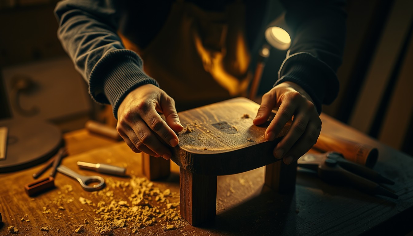 A young person repairing a wooden stool at a workbench, tools laid out, warm light
